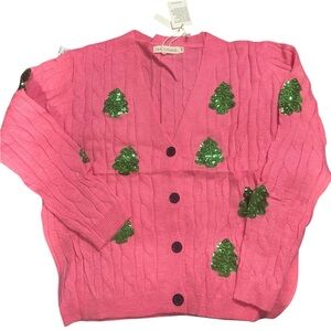 NWT Grace & Emma Pink Sequin Christmas Tree Cardigan Sweater Size L/XL Holiday